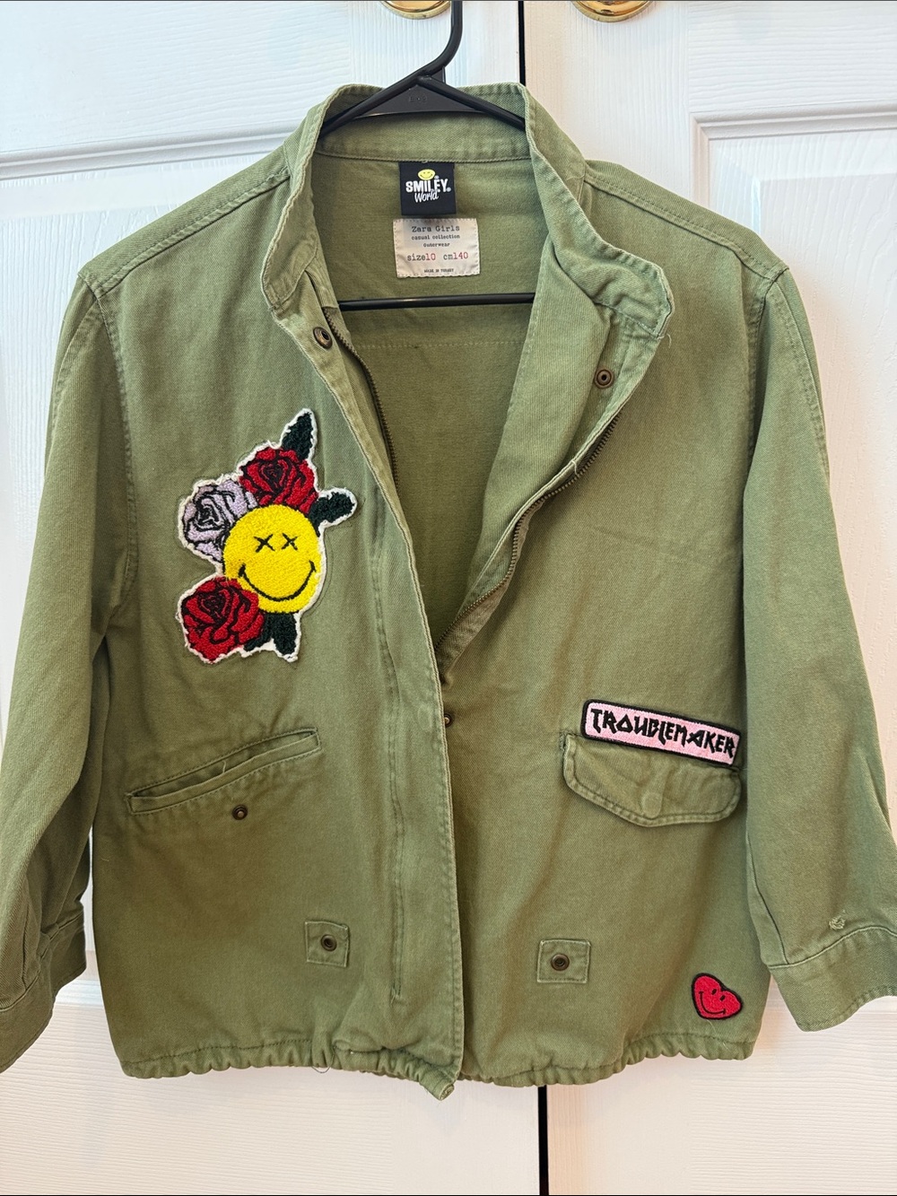 Zara Olive Green Patchwork Jacket with Smiley & Rose Patches
